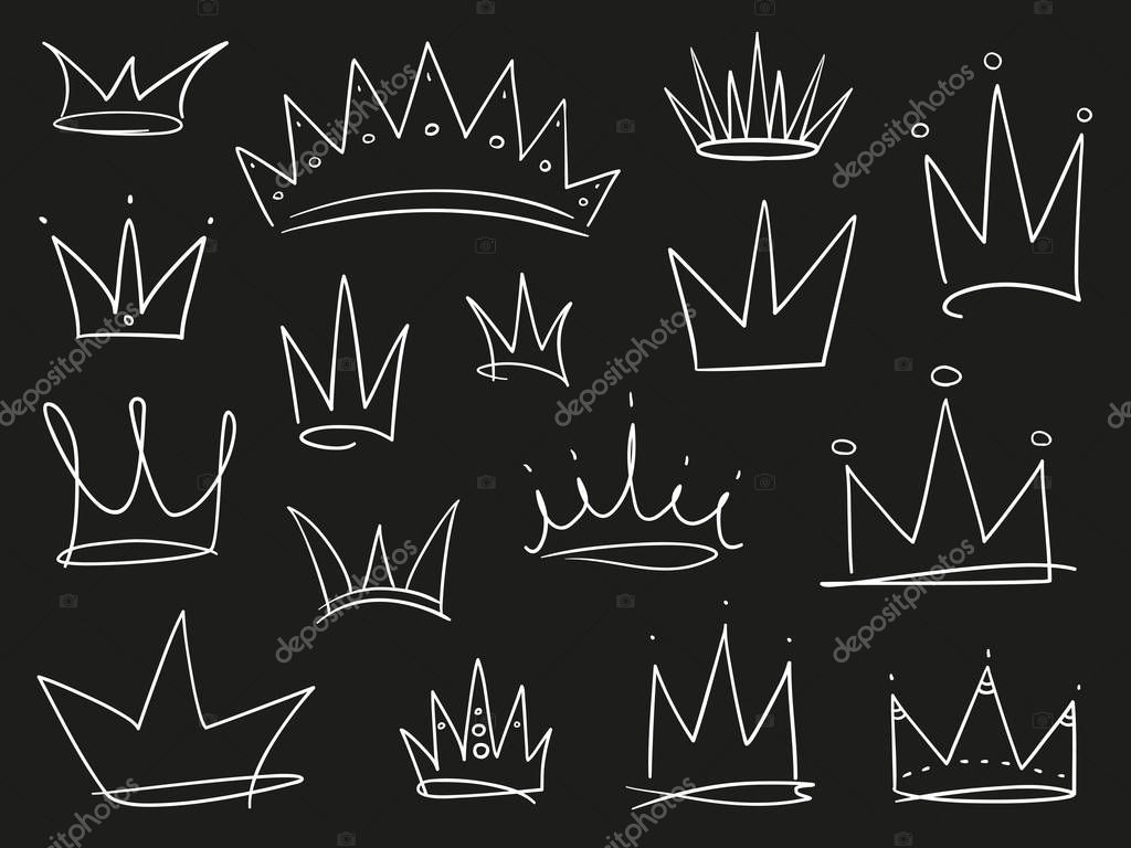 Collection of crowns on black. Hand drawn abstract objects. Line art. Black and white illustration. Sketchy elements