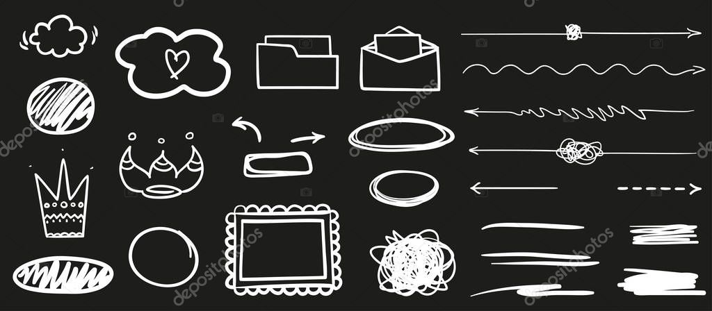 Hand drawn abstract signs and shapes on black. Grungy symbols with array of lines. Black and white illustration. Sketchy elements for design