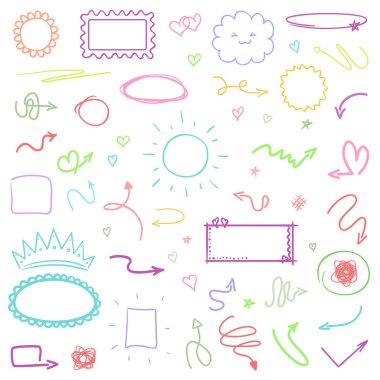 El izole beyaz arka plan üzerinde renkli işaretler çizilmiş. Soyut şekiller ve semboller. Tasarım için kabataslak elemanlar