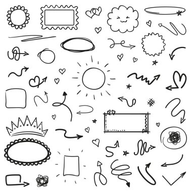 El beyaz üzerinde farklı karışık işaretler ve şekiller çizilmiş. Satır dizili arka plan. Kaotik semboller. Sanat eseri. Siyah beyaz illüstrasyon. Tasarımınız için karalamalar