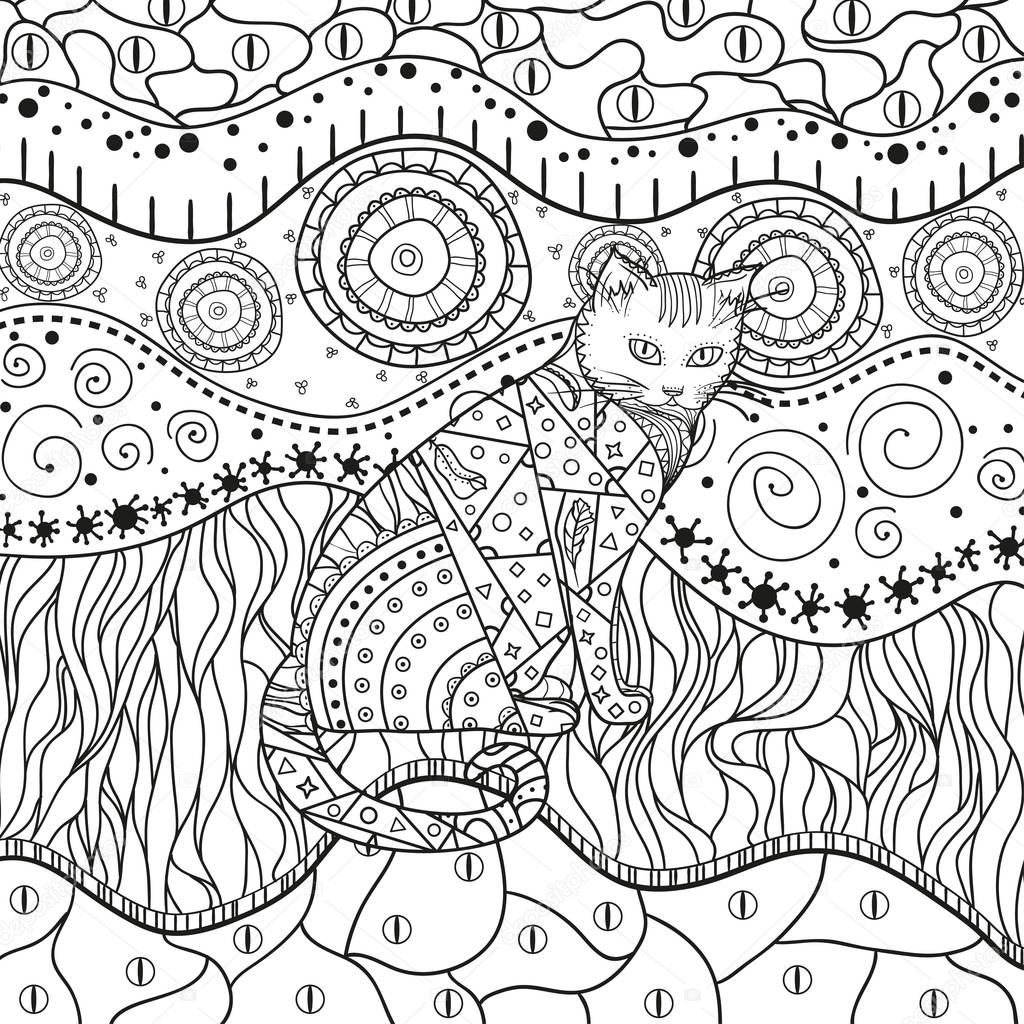 Abstract eastern pattern. Ornate cat on texture. Hand drawn abstract patterns on isolation background. Black and white illustration for anti stress colouring page