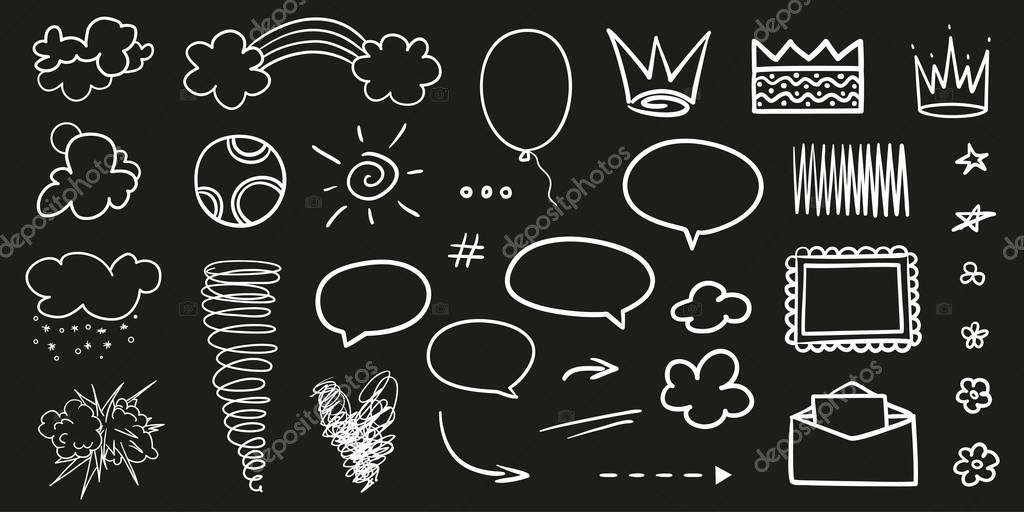 Collection of different objects on black. Hand drawn abstract symbols. Line art. Black and white illustration. Sketchy elements
