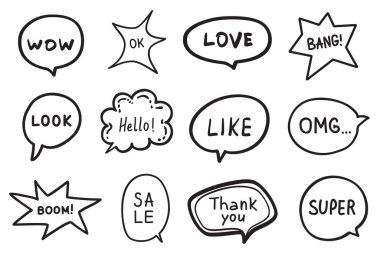 İzole edilmiş arka planda elle çizilmiş bilgi elemanları. Düşünme ve konuşma baloncukları. Siyah beyaz illüstrasyon