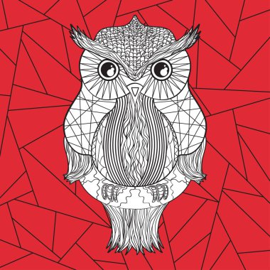 Geometrik baykuşlu kare desen. Lekeli cam pencere. Geometrik sanat