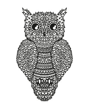 Beyaza baykuş. İzole edilmiş arka planda soyut desenleri olan ayrıntılı el çizimi kuş. Yetişkinler için ruhsal rahatlama tasarımı