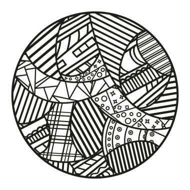Soyut sanat. Zendala. İzole edilmiş arka planda el çizimi daire şeklinde mandala. Siyah beyaz illüstrasyon