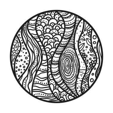 Zendala. Zentangle. İzole edilmiş arka planda soyut desenleri olan el çizimi daire mandala. Yetişkinler için ruhsal rahatlama tasarımı. Renkler için siyah ve beyaz illüstrasyon