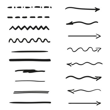 İzole edilmiş beyaz arka plandaki elementler. El yapımı altçizgiler ve oklar. Siyah beyaz illüstrasyon