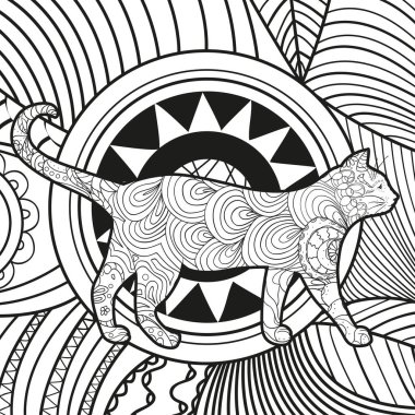 Soyut kare şekilli tek renkli kedi. El çizimi soyut desen. Renkler için siyah ve beyaz illüstrasyon