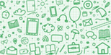 Okula dönelim. El çizimi okul malzemeleriyle soyut renkli arka plan. Elementler doğrusal olarak çizilir