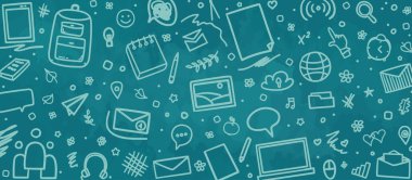 Okula dönelim. Elle çizilmiş okul malzemeleri olan renkli karatahta. Elementler doğrusal olarak çizilir