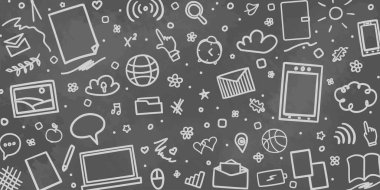 Soyut karatahta. Okula dönelim. Yarım yamalak okul malzemeleri ile desen