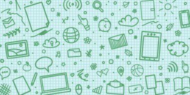 Okul malzemeleriyle şebeke düzeni. Grafik kağıt arkaplanı. Damalı doku. Okula dönelim. Elementler doğrusal olarak çizilir