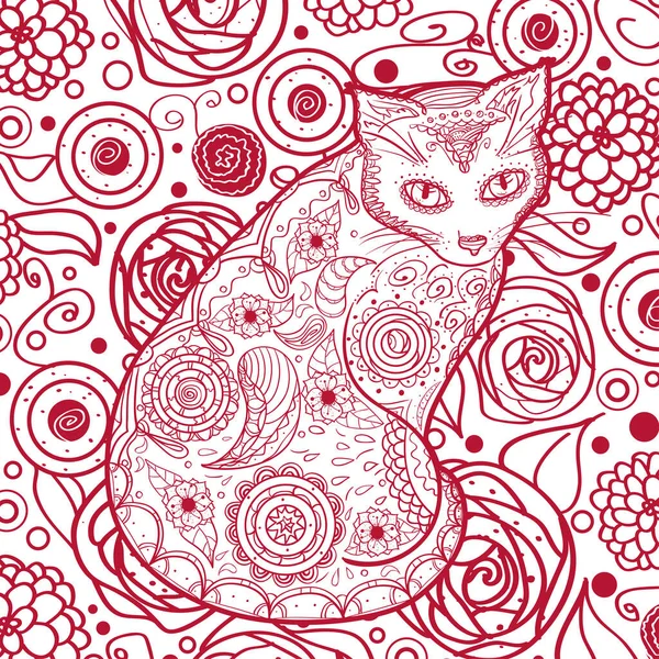 Padrão Quadrado Com Gato Ornamentado Animal Desenhado Mão Com Padrões — Vetor de Stock