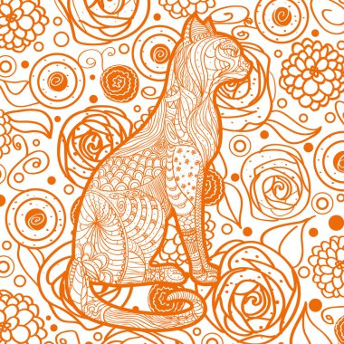 Beyazın kare şekli. Süslü kedi. Soyut desenli el çizimi bir hayvan.