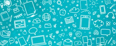 Soyut kara tahta. Okula dönelim. Elle çizilmiş okul malzemeleri olan renkli karatahta. Semboller doğrusal bir şekilde çizilir