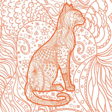 Beyazın kare şekli. Süslü kedi. Soyut desenli el çizimi bir hayvan.