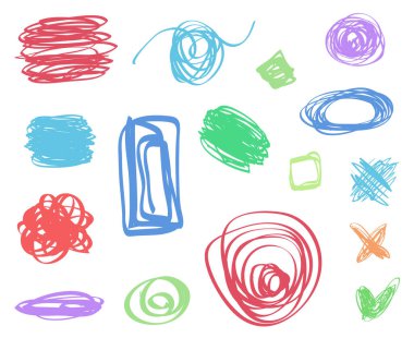 Beyazın üzerinde renkli karışık şekiller. Renkli kaos modelleri. Çizimleri karala