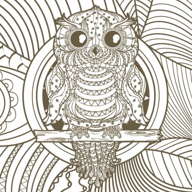 Kare şeklinde. Soyut süslemeli baykuş. Soyut desenli el çizimi mandala