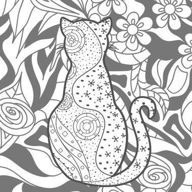 Kare şeklinde kedi deseni. El çizimi arka plan. Siyah beyaz illüstrasyon