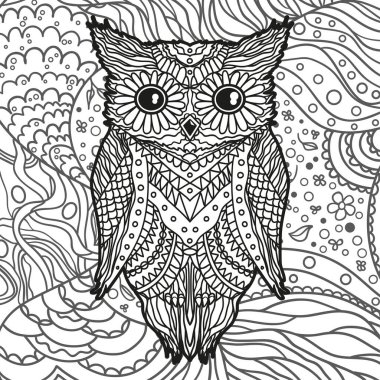 Baykuşla kare şeklinde desenli. El çizimi dekoratif arka plan. Siyah beyaz illüstrasyon