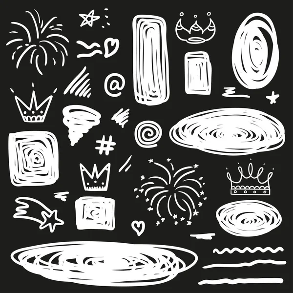 İzole edilmiş siyah arka planda beyaz işaretler ve semboller. Soyut şekiller. El yapımı elementler. Siyah beyaz illüstrasyon