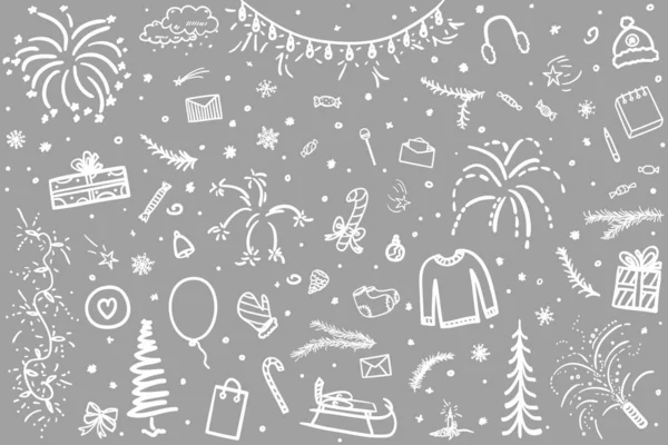 Ručně Kreslené Vánoční Pozadí Abstraktní Vánoční Prvky Černobílá Ilustrace — Stockový vektor