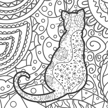 Kare şeklinde. Soyut kare şekilli bir kedi. El çizimi soyut desen. Siyah beyaz illüstrasyon