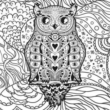 Baykuşla kare şeklinde karmaşık desen. Zentangle 'ı tasarla. İzolasyon arka planında soyut desenler olan el çizimi mandala. Yetişkinler için ruhsal rahatlama tasarımı