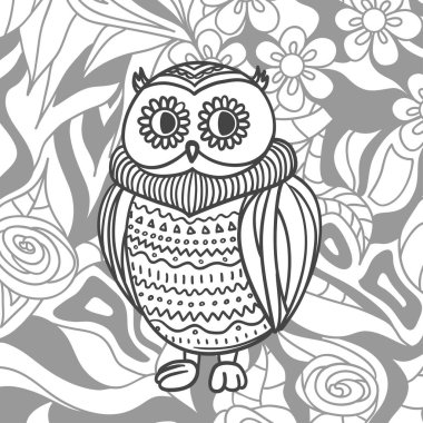 Kare şeklindeki desen. El çizimi baykuş. Siyah beyaz illüstrasyon