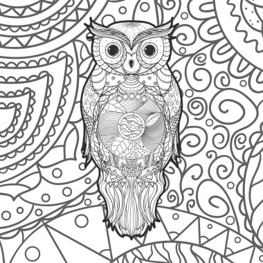 Karmaşık bir arkaplan. Baykuşla el çizimi desen. Yetişkinler için ruhsal rahatlama tasarımı