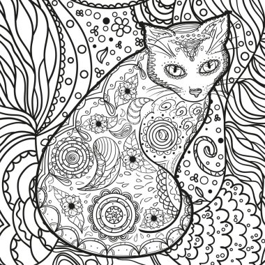 Soyut kare şekilli bir kedi. El çizimi soyut desen. Siyah beyaz illüstrasyon