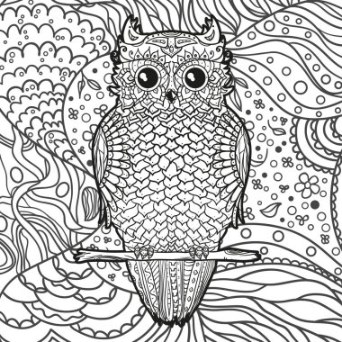 Kare şeklindeki desen. El çizimi baykuş. Siyah beyaz illüstrasyon