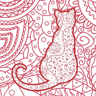 Süslü kediyle kare şeklinde. Soyut desenli el çizimi bir hayvan.