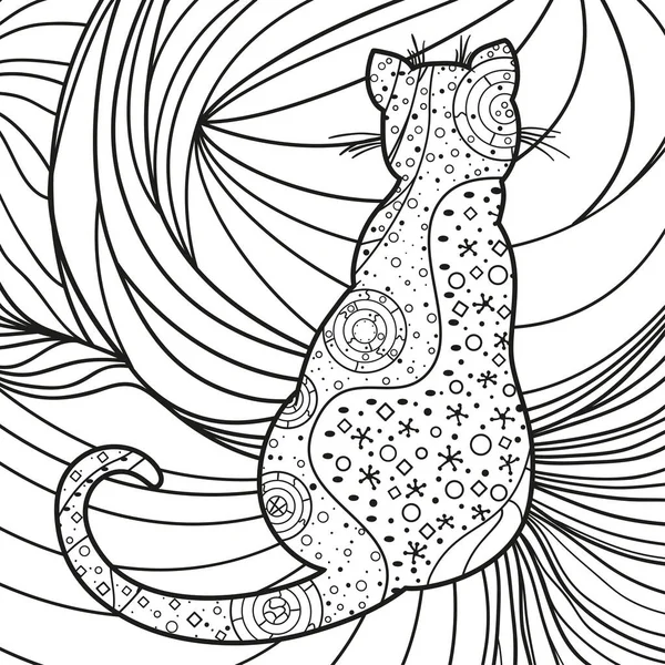 Patrón Cuadrado Adornado Gato Dibujado Mano Ilustración Blanco Negro — Vector de stock