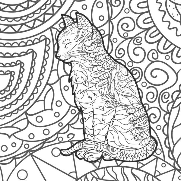 Karmaşık Bir Arkaplan Çizimi Kedi Yetişkinler Için Ruhsal Rahatlama Tasarımı — Stok Vektör