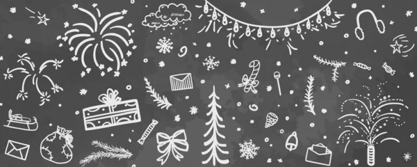 Monochromer Urlaubshintergrund Handgezeichnete Weihnachtselemente Abstrakte Zeichen Und Objekte Auf Kreidetafel — Stockvektor