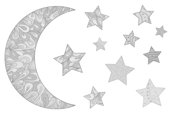 Halbmond Auf Weiß Mondsichel Und Sterne Zentangle Design Für Spirituelle — Stockvektor