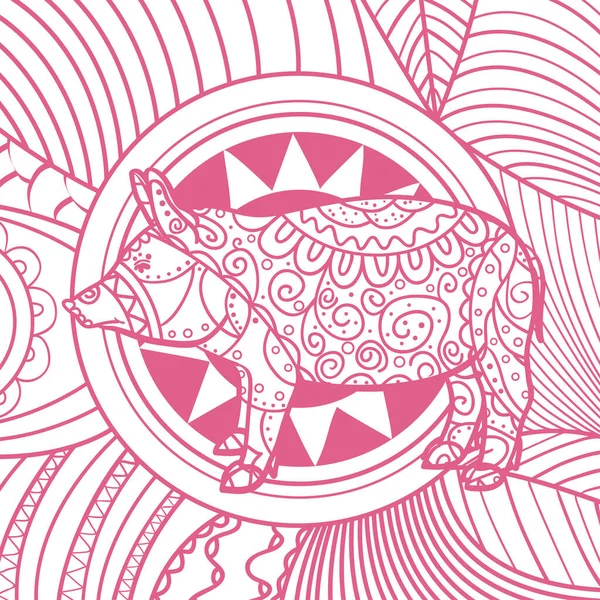 正方形のパターン 華やかな豚を手描き 大人のための精神的なリラクゼーションのためのデザイン — ストックベクタ