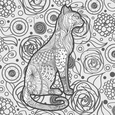 Zen kedisi ile kare desen. El çizimi soyut bir arkaplan. Siyah beyaz illüstrasyon