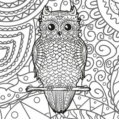 Soyut baykuşlu kare desen. İzolasyon arka planında soyut desenlere sahip el çizimi mandala