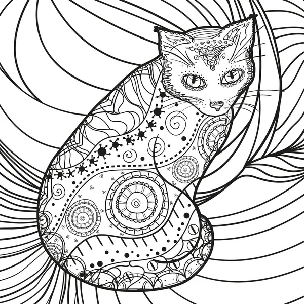 Quadrado Fundo Intrincado Gato Ornamentado Desenhado Mão Design Para Relaxamento — Vetor de Stock