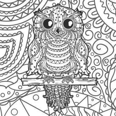 Soyut baykuşlu kare desen. İzolasyon arka planında soyut desenlere sahip el çizimi mandala