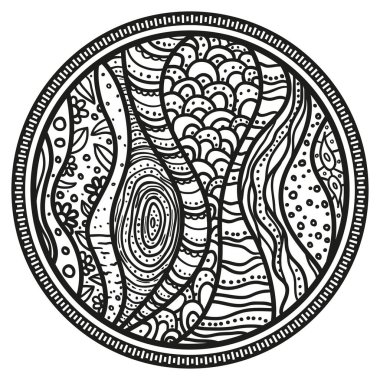 Zendala. Zentangle. El çizimi daire arka plan. Yetişkinler için ruhsal rahatlama tasarımı. Siyah beyaz illüstrasyon