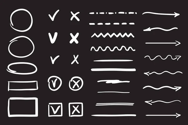 Elementos Contorno Blanco Sobre Negro Formas Geométricas Signos Símbolos Dibujados — Archivo Imágenes Vectoriales