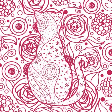 Kare arkaplan ve desenli kedi. El çizimi soyut kalıplar. Satır sanatı