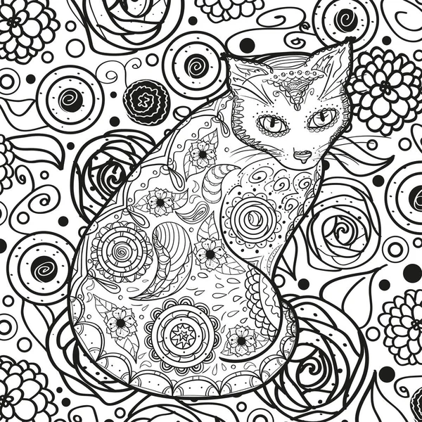Patrón Cuadrado Con Gato Zen Fondo Abstracto Dibujado Mano Diseño — Vector de stock