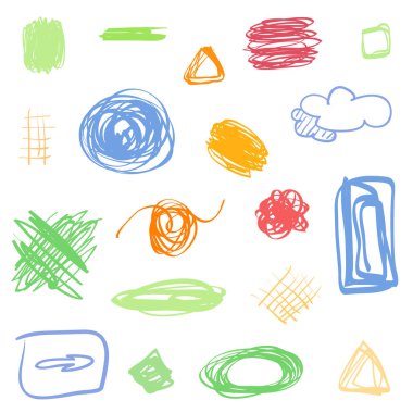 Beyazın üzerinde renkli karışık şekiller. Renkli kaotik desenler. Çizimleri karala