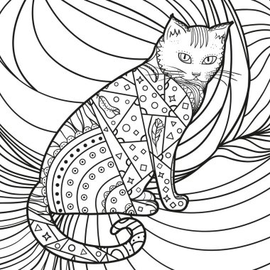 Kare arka plan. El yapımı desenli kedi. Yetişkinler için ruhsal rahatlama tasarımı. Siyah beyaz illüstrasyon