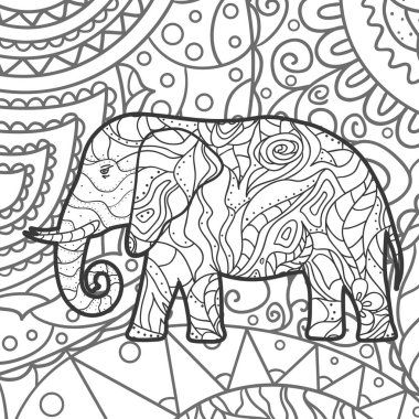 Kare karışık desen. Monokrom duvar kağıdı ve desenli fil. El çizimi kalıplar. Siyah beyaz illüstrasyon